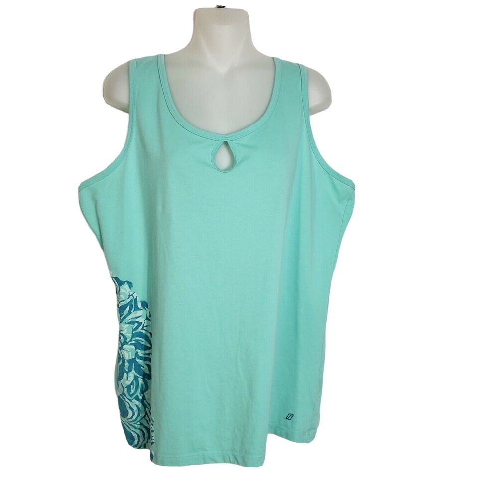 Eddie Bauer Womens Tank Top Size XL Green Floral Keyhole Scoop Neck Knit Stretch